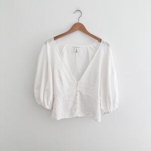 Linen Blend White Peasant Top | Cottagecore Puff Sleeve Shirt Size Medium